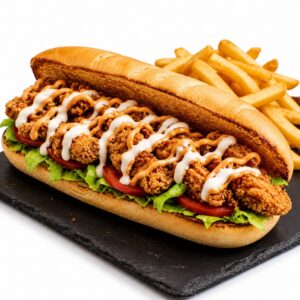 Crispy submarino ( pechuga de pollo empanado crujiente, lechuga, tomate y salsa tartara)