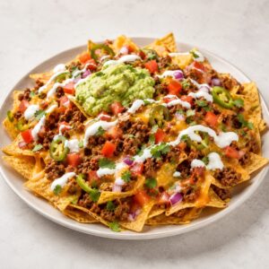 Nachos Tex Mex (con queso gouda, chile con carne, pico de gallo, jalapeños y guacamole casero)