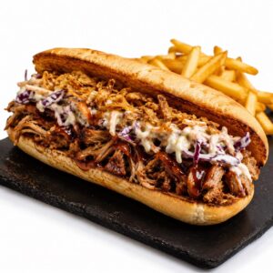 Submarino Pulled Pork ( con aros de cebolla, lechuga y tomate, salsa bbq y whiskey) pan de pita