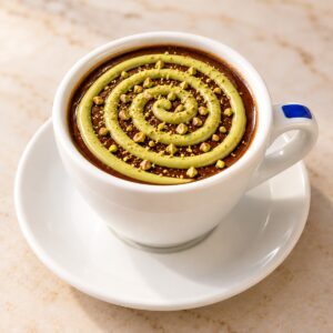 Chocolate con pistacho: taza blanca con espiral de crema de pistacho y trocitos de pistacho