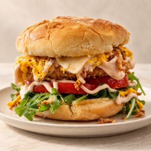 Hamburguesa Crispy Burger: pechuga de pollo crujiente con queso cheddar, tomate y rúcula en pan brioche